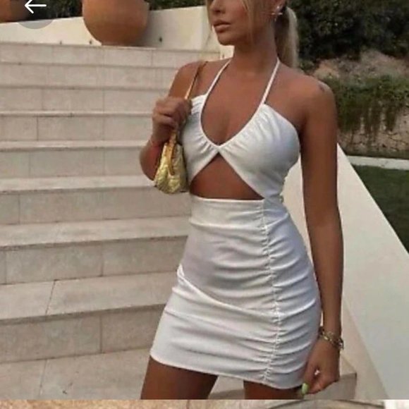Zara white ruched halter neck dress Clearance